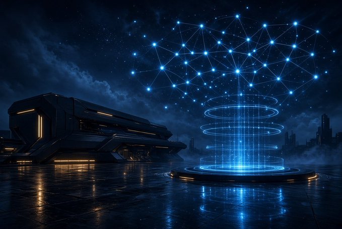 A futuristic nighttime scene featuring a dark spaceship-like structure beside a glowing blue data network display rising from a circular platform under a starry sky.