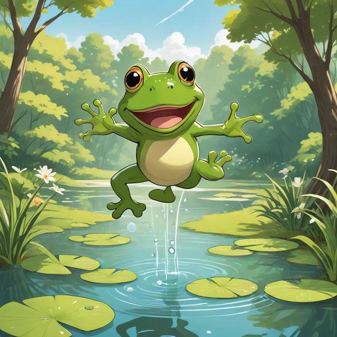 A cheerful cartoon frog jumps above a pond surrounded by lily pads, trees, flowers, and bright green forest scenery.