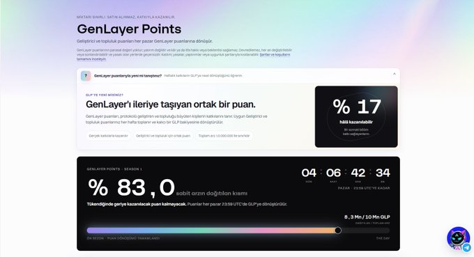 A screenshot of a 'GenLayer Points' dashboard written mostly in Turkish, showing '%17 Nati kazandıran' and '%83,0 sabit 0.3% / 30 Nişeni Değer Kâfı' with a countdown of '04 : 06 : 42 : 34' and a progress indicator.