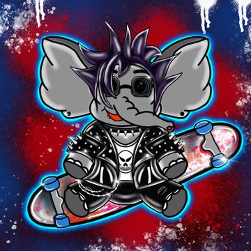 A digital illustration of a stylized gray anthropomorphic mouse character with purple and black spiky hair, wearing an eye patch, studded black jacket, and skull accessories, posed on a skateboard against a vibrant red and blue splatter background—marking a successful NFT sale to a new collector joining the SBE Club raffle.