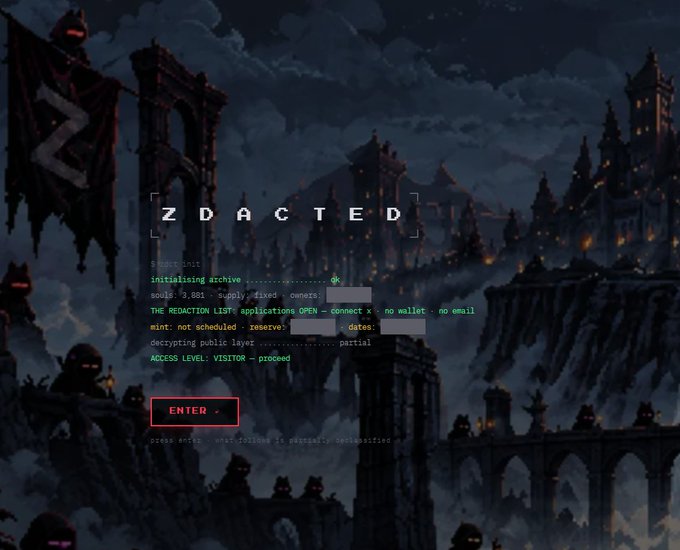 A pixel-art style website for "ZDACTED" with a dark fantasy castle background, displaying terminal text about initialising archive and an "ENTER" button.