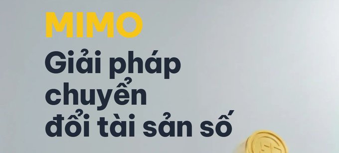 The image shows a promotional banner with yellow "MIMO" branding at the top and Vietnamese text "Giải pháp chuyển đổi tài sản số" (meaning "Digital asset conversion solution") in dark blue, alongside a gold coin graphic in the bottom right corner.

The image relates to the post by visually introducing MIMO as a digital asset conversion solution, while the accompanying text provides operational guidelines for using MIMO, including its 1:1 mechanism and restrictions to verified primary bank accounts only.