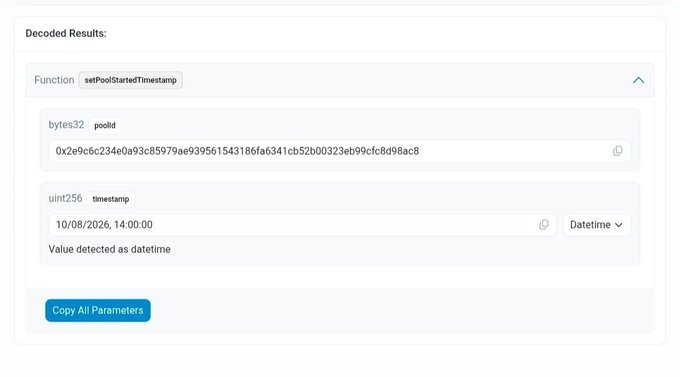 Decoded Results showing a `setPoolStartedTimestamp` function call with `poolId` 0x2e9c6c234e0a93c85979ae939561543186af6341cb52b000323eb99cfc8d98ac8 and timestamp 10/08/2026, 14:00 (detected as datetime), which appears to confirm the Binance Alpha airdrop date mentioned in the post.