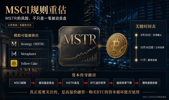 A financial infographic titled "MSCI规则重估" (MSCI Rule Reassessment) warning that MSTR's risk extends beyond forced selling, listing Strategy (MSTR), Metaplanet, and Yellow Cake as companies potentially facing removal from MSCI indices, with a key timeline showing September 30 feedback cutoff, October 16 announcement, and November implementation, alongside a capital transmission pathway illustrating how MSCI deletion could trigger passive fund selling, pressure on MSTR, BTC premium collapse, reduced financing efficiency, and accelerated leverage buildup.