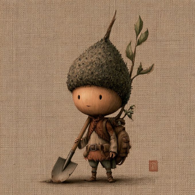 An illustration of a whimsical character with a large acorn-shaped head, dressed in rustic, layered clothing and holding a shovel, standing against a textured beige background with a small red seal in the corner.