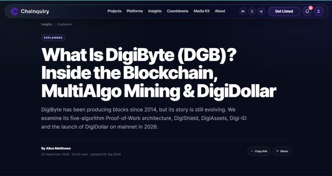 A dark-themed webpage from Chainquiry titled 'What Is DigiByte (DGB)? Inside the Blockchain, MultiAlgo Mining & DigiDollar', written by Alice Matthews.