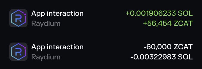 A screenshot of cryptocurrency transactions showing two 'App interaction' entries from Raydium: one gaining +0.001906233 SOL and +56,454 ZCAT, and another losing -60,000 ZCAT and -0.00322983 SOL.