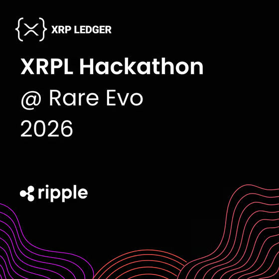 The image is a black promotional graphic featuring the XRP Ledger and Ripple logos, with white text reading "XRPL Hackathon @ Rare Evo 2026" and decorative pink-to-orange wavy line designs in the bottom corners, announcing the upcoming hackathon event where developers will build on the XRP Ledger's new lending protocol and single asset vaults.