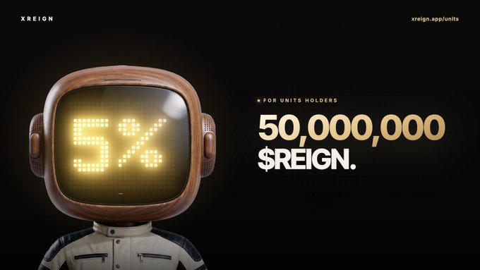 A retro-style astronaut figure with a glowing pixelated "5%" display on its screen accompanies a promotional graphic announcing 50,000,000 $REIGN tokens allocated for UNITS holders, linking the visual's percentage to the 5% supply allocation mentioned in the post.