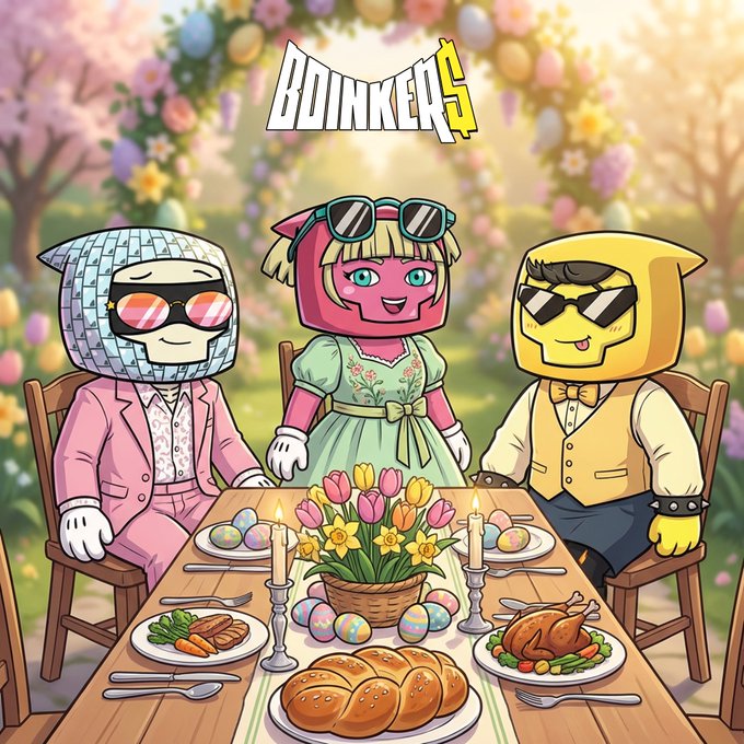 A whimsical illustration features three cartoon characters—two in pink and yellow suits with sunglasses and a pink-headed figure in a green dress—gathered around a festive dinner table set with Easter eggs, a turkey, bread, and a floral centerpiece, with cherry blossoms blooming in the background. The "BOINKERS" logo is displayed at the top, tying the Easter-themed gathering to the post's promotion of Sunday freebies on l.boinkers.io.