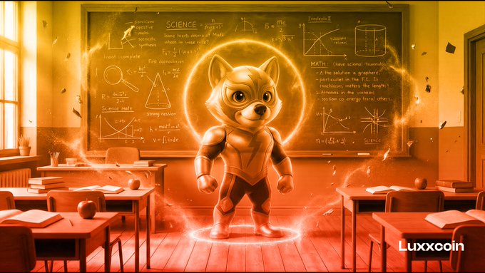 An AI-generated image of a golden Shiba Inu character in armor standing in a classroom with chalkboards covered in science and math formulas, branded with 'Luxxcoin' in the bottom right corner.