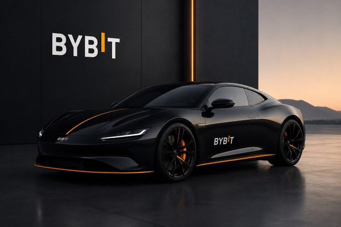 A sleek black BYBIT-branded sports car with orange accents is parked in front of a wall displaying the "BYBIT" logo, reinforcing the post's "GM Legends Say it back!" message by showcasing the brand's bold, high-energy identity.
