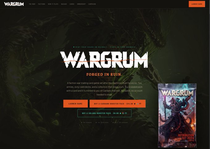The screenshot shows the Wargrum.io homepage, a trading card game website featuring the tagline "FORGED IN RUIN" and showcasing the "Retribution Set 2026" booster pack on the right side, with a launch game button and pricing options visible. This relates to the post as it introduces Wargrum, the platform where the author plans to challenge Cardano founder Charles Hoskinson in a card game battle between the Reborn and Survivors factions.