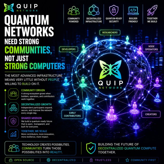 A promotional graphic for 'QUIP NETWORK' advertises decentralized quantum computing infrastructure, emphasizing 'Quantum Networks Need Strong Communities, Not Just Strong Computers' with icons for community, developers, researchers, and node operators.