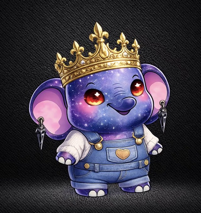 A cartoon purple elephant character with a galaxy pattern on its skin, wearing a golden crown, ice-cream-cone earrings, a white shirt, and denim overalls with a heart patch.