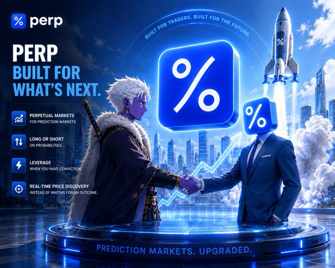 Marketing banner for 'perp' perpetual markets with tagline 'PERP BUILT FOR WHAT'S NEXT' showing an anime-style character shaking hands with a businessman in a suit, featuring rocket imagery and statistics like '12,540 TOTAL EXPERIENCE' and 'X1.5 STREAK BOOST'.