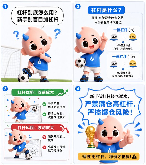 An educational infographic in Chinese explaining leverage trading using a cartoon character with horns, comparing 1x vs 10x leverage and warning about risks.