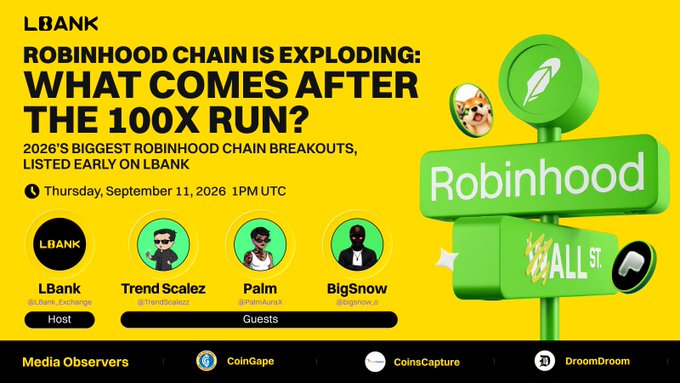 A bright yellow promotional banner advertises an LBank X Spaces event titled "ROBINHOOD CHAIN IS EXPLODING: WHAT COMES AFTER THE 100X RUN?" scheduled for Thursday, September 11, 2026 at 1PM UTC, highlighting it as "2026's BIGGEST ROBINHOOD CHAIN BREAKOUTS, LISTED EARLY ON LBANK," and featuring a green 3D street sign graphic with "Robinhood" on top and "WALL ST." below alongside a Shiba Inu dog meme token and a rocket coin icon. The panel includes LBank (@LBank_Exchange) as Host, with guests Trend Scalez (@TrendScalezz), Palm (@PalmauraX), and BigSnow (@bigsnow_o), while Media Observers listed at the bottom include CoinsGape, CoinsCapture, and DroomDroom, tying directly to the accompanying post about discussing Robinhood Chain's momentum, market signals, and future outlook