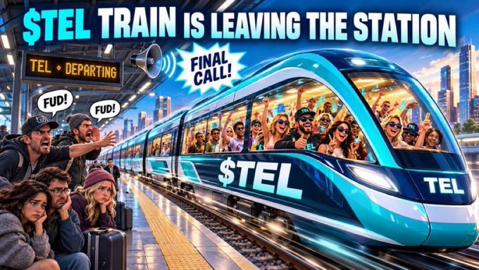 A meme-style image titled '$TEL TRAIN IS LEAVING THE STATION' showing a crowded futuristic train leaving while disappointed people on the platform yell 'FUD!', referencing crypto FOMO and fear of missing out.