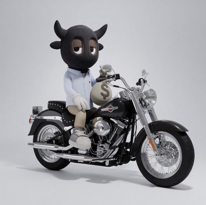 A 3D rendered character with a black bull/horned head wearing a light blue shirt, sitting on a black motorcycle while holding a money bag with a dollar sign.