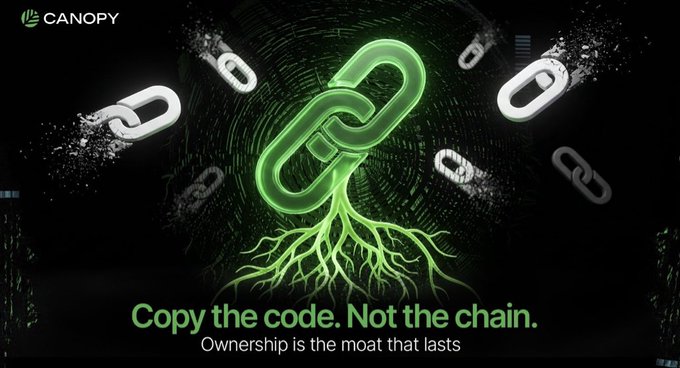 A Canopy promotional graphic displays a glowing green chain link growing roots like a tree, breaking free from broken gray chains, with the text 'Copy the code. Not the chain.' and 'Ownership is the moat that lasts.'