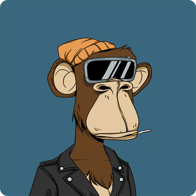 A cartoon illustration of a brown monkey wearing an orange beanie, dark sunglasses with white reflections, and a black leather jacket, smoking a cigarette against a teal background.