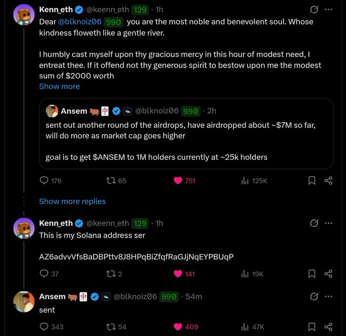 A Twitter exchange shows user @keenn_eth flattering @blknoiz06 (Ansem) in Shakespearean prose while requesting $2000, to which Ansem responds "sent" after being provided a Solana address. The accompanying context confirms Ansem sent 23K $ANSEM tokens, illustrating his reputation for generosity through crypto airdrops.