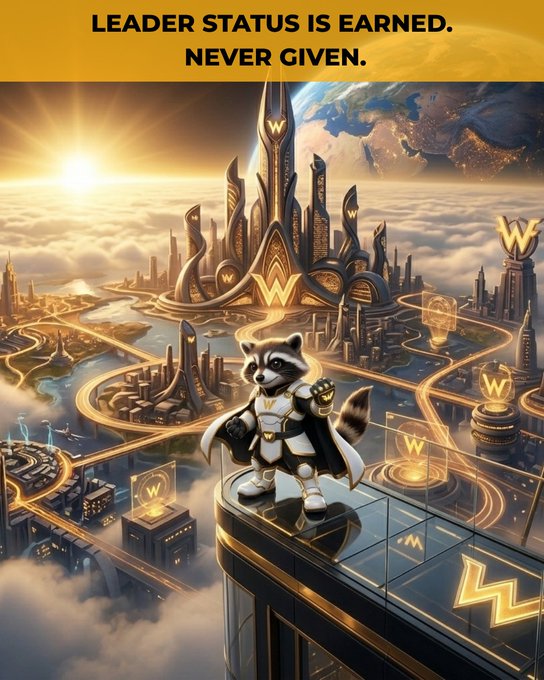 A regal raccoon in golden armor stands atop a futuristic crystalline city with "W" emblems, beneath the bold text "LEADER STATUS IS EARNED. NEVER GIVEN." The image visually reinforces the post's message that true leadership, like the raccoon's elevated position, is achieved through consistent effort and community contribution rather than simply being bestowed.