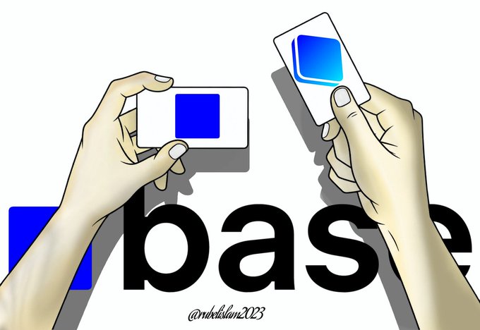 Two hands hold up white cards featuring the blue Base logo above the bold "base" wordmark, symbolizing the community-driven building culture celebrated in the post.

Watermark: "@naheldlam2023"