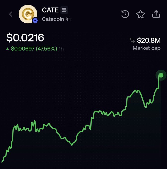 Cryptocurrency price chart for CATE (Catecoin) showing a price of $0.0216 with a 47.56% gain over 1 hour and a $20.8M market cap.