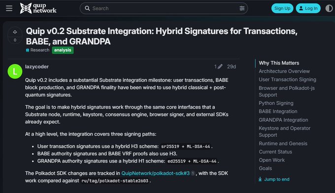 A screenshot of a Quip Network blog post titled "Quip v0.2 Substrate Integration: Hybrid Signatures for Transactions, BABE, and GRANDPA" discussing user transactions, BABE block production, and GRANDPA finality using H3 signature schemes.