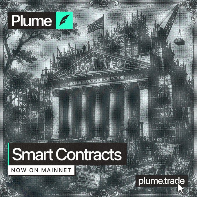 A black-and-white illustration of a classical building under construction with an American flag on top serves as the backdrop for the "Plume" logo and a banner announcing "Smart Contracts — Now on Mainnet" alongside the URL "plume.trade," visually reinforcing the post's announcement of Plume's option market smart contracts launching on mainnet.