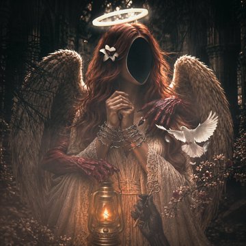 A surreal artistic rendering of an angelic figure with wings, a halo, and a void where the face would be, accompanied by a white dove and holding a lantern.