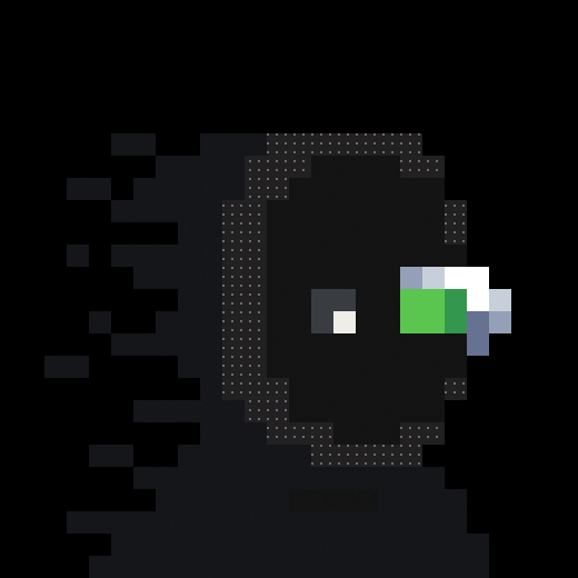 A pixel art image of a black crow or bird holding a small green and white object in its beak against a black background.