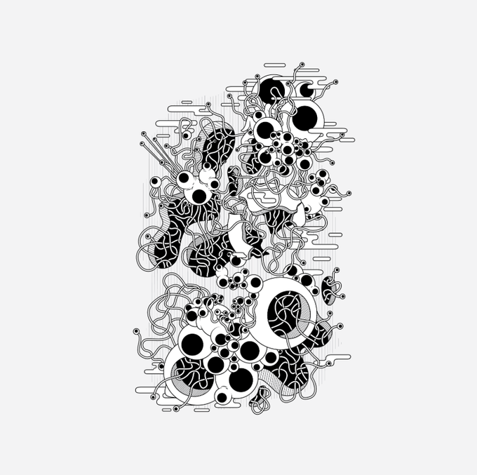 A black and white abstract digital illustration featuring an intricate network of organic shapes, swirling lines, circles, and circuit-like patterns.