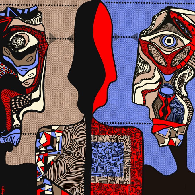 A cubist-style digital illustration features two stylized faces in profile flanking a central figure whose head is split into black and red halves, set against patterned backgrounds of tan and blue.