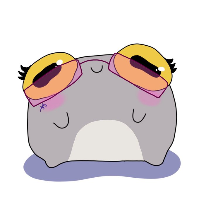 A cute cartoon character with a gray, blob-like body wearing large orange-tinted sunglasses with pink frames, standing on a purple shadow.