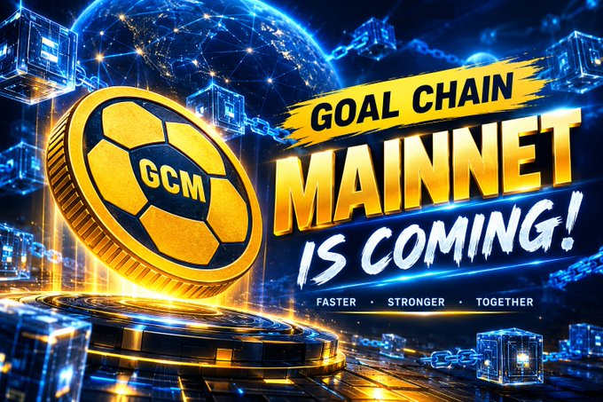 A promotional graphic for 'GOAL CHAIN' (GCM) cryptocurrency featuring a gold soccer ball coin with the text 'MAINNET IS COMING!' and the tagline 'FASTER · STRONGER · TOGETHER'.
