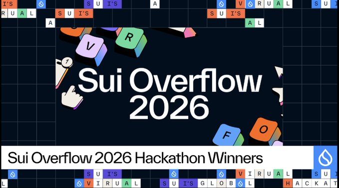A graphic announcing 'Sui Overflow 2026 Hackathon Winners' featuring colorful Scrabble-like tiles and a cursor icon on a dark blue background.