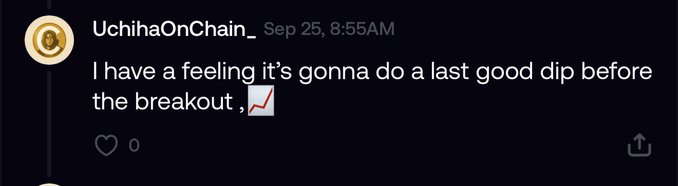 The image shows a Discord message from "UchihaOnChain_" dated Sep 25 at 8:55AM stating "I have a feeling it's gonna do a last good dip before the breakout," with a chart emoji and zero reactions. This aligns with the post's narrative of strategically buying $CATE during a dip rather than chasing green candles, reinforcing the trader's patient, opportunistic approach to accumulating the token ahead of an anticipated breakout.