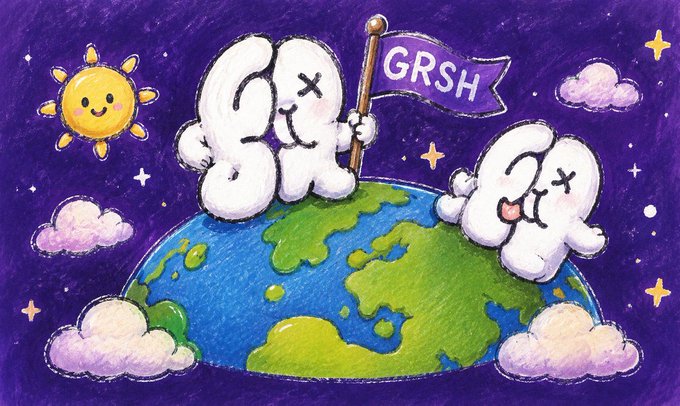 A whimsical colored-pencil illustration shows two cute cloud-like characters standing atop Earth, one triumphantly waving a flag reading "GRSH," celebrating the project's milestone of becoming a top 20 global prediction market just four months after launch. The kawaii-style artwork with its smiling sun and starry purple sky visually reinforces the celebratory tone of the achievement list.
