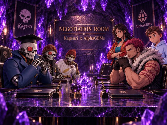 The image depicts a dramatic negotiation scene titled "NEGOTIATION ROOM - Kageuri x AlphaGEMs," featuring skull-masked figures on one side facing off against fierce-looking characters across a purple crystal-laden table, with banners displaying the "Kageuri" skull logo and "AlphaGEMs" branding. This theatrical standoff visually represents the partnership announcement mentioned in the post, symbolizing the collaboration between Kageuri's NFT project (supply of 4,444 on Robinhood Chain) and AlphaGEMs through a powerful "deal-making" aesthetic.