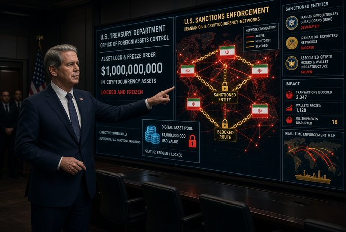 An illustration of a U.S. official pointing at a large display titled 'U.S. SANCTIONS ENFORCEMENT IRANIAN OIL & CRYPTOCURRENCY NETWORKS' detailing a $1,000,000,000 asset lock & freeze order with various impact statistics.