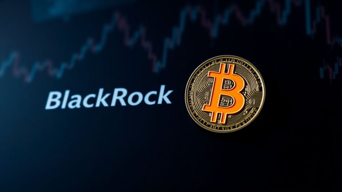 A close-up of a physical Bitcoin token set against a dark background displaying the 'BlackRock' logo and a stock chart line graph.