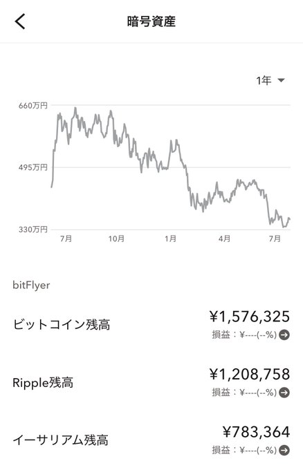 Screenshot of a cryptocurrency asset portfolio on bitFlyer showing a 1-year chart peaking around ¥6.6M and declining to ¥3.3M, with holdings of Bitcoin (¥1,576,325), Ripple (¥1,208,758), and Ethereum (¥783,364).