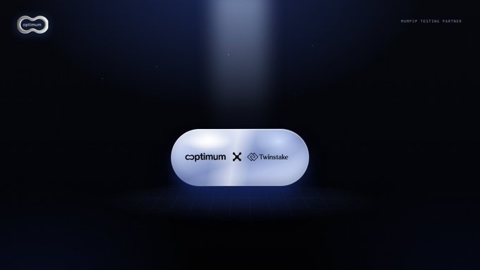 A dark promotional graphic for MUM2P TESTING PARTNER featuring a glowing pill-shaped element displaying 'coptimum x Twinstake' with a small logo in the top left.