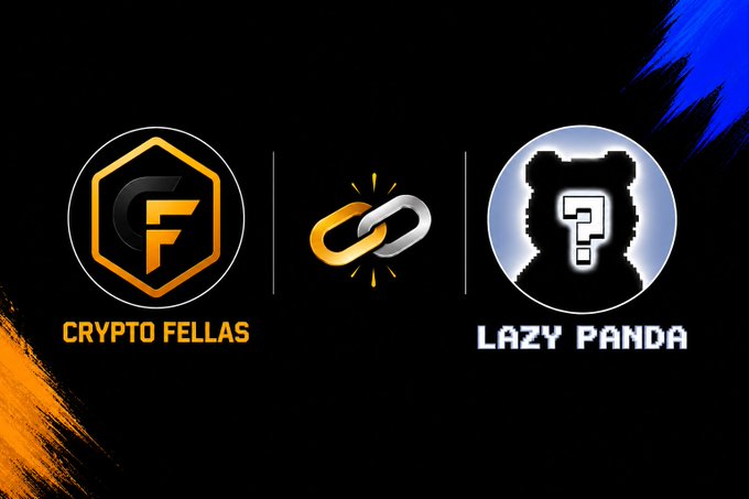 A graphic showing logos for 'CRYPTO FELLAS' and 'LAZY PANDA' NFT collections connected by a chain link icon on a black background with blue and orange paint strokes.