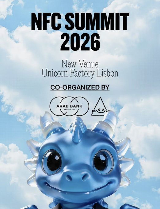 The image features a blue dragon figurine with big eyes and a smile, standing against a backdrop of clouds. The dragon appears to be smiling at the camera, giving off an impression of happiness or excitement. The text "NFC Summit 2026" is written in black above the dragon's head, indicating that this event is taking place during the NFC Summit.

The post also mentions that the event is being organized by the Emirates NBD and the Arab Bank, which suggests a partnership between these two entities to host the summit. The image does not provide any additional information about the event or its sponsors.