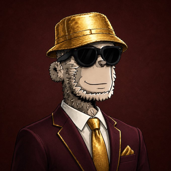 The image features a cartoon monkey wearing sunglasses, a gold hat, and a suit with a gold tie. The monkey appears to be smiling and looking directly at the camera. The caption below the image reads "gm all $BASE winners we are so back".