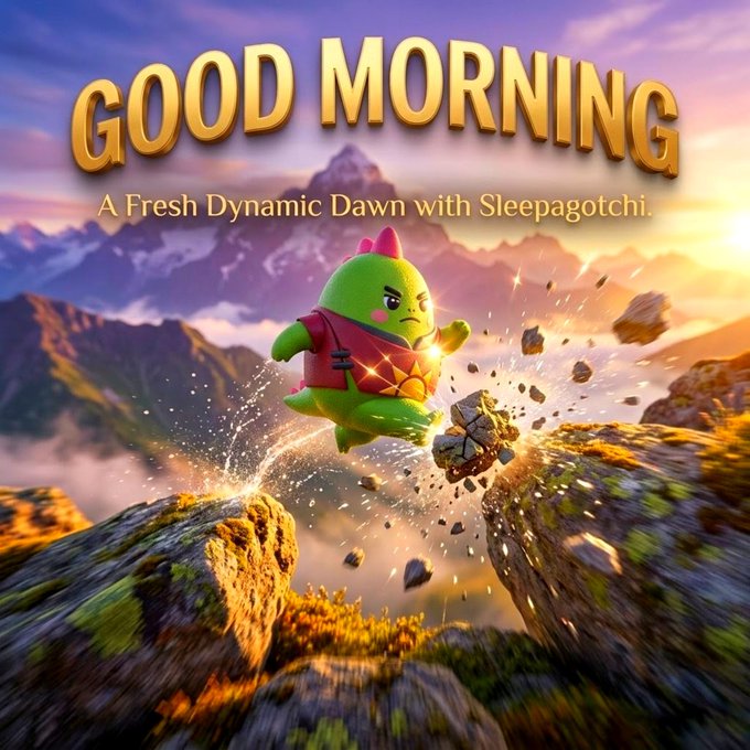 A colorful advertisement reads "GOOD MORNING: A Fresh Dynamic Dawn with Sleepagotchi," featuring a green dragon-like character in red armor leaping between rocky cliffs at sunrise.
